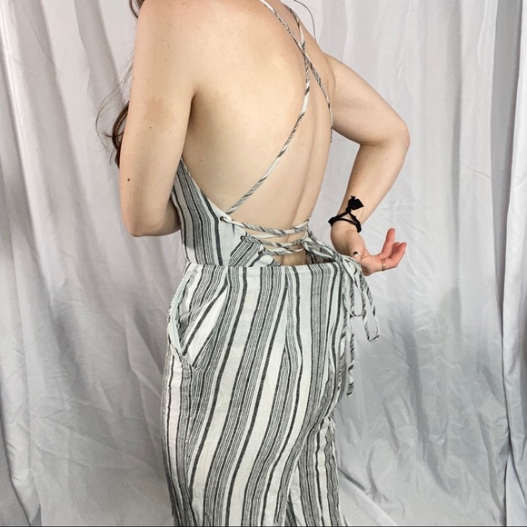 Forever 21 Stripped Jumpsuit Tank Top Pants Laced Open Back Small White Gray - Picture 5 of 11